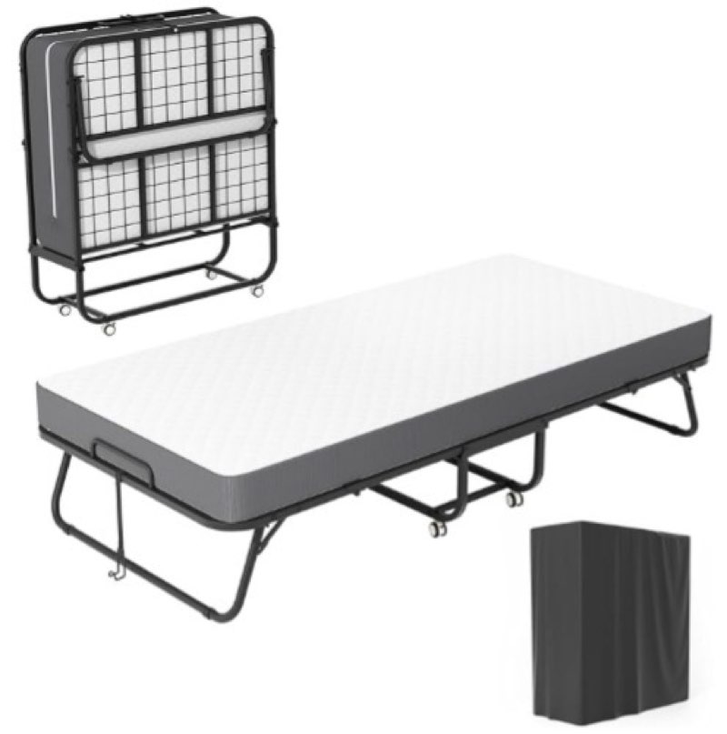 folding bed with mattress for adults, 75" x 31" portable rollaway guest beds on wheels, foldable met