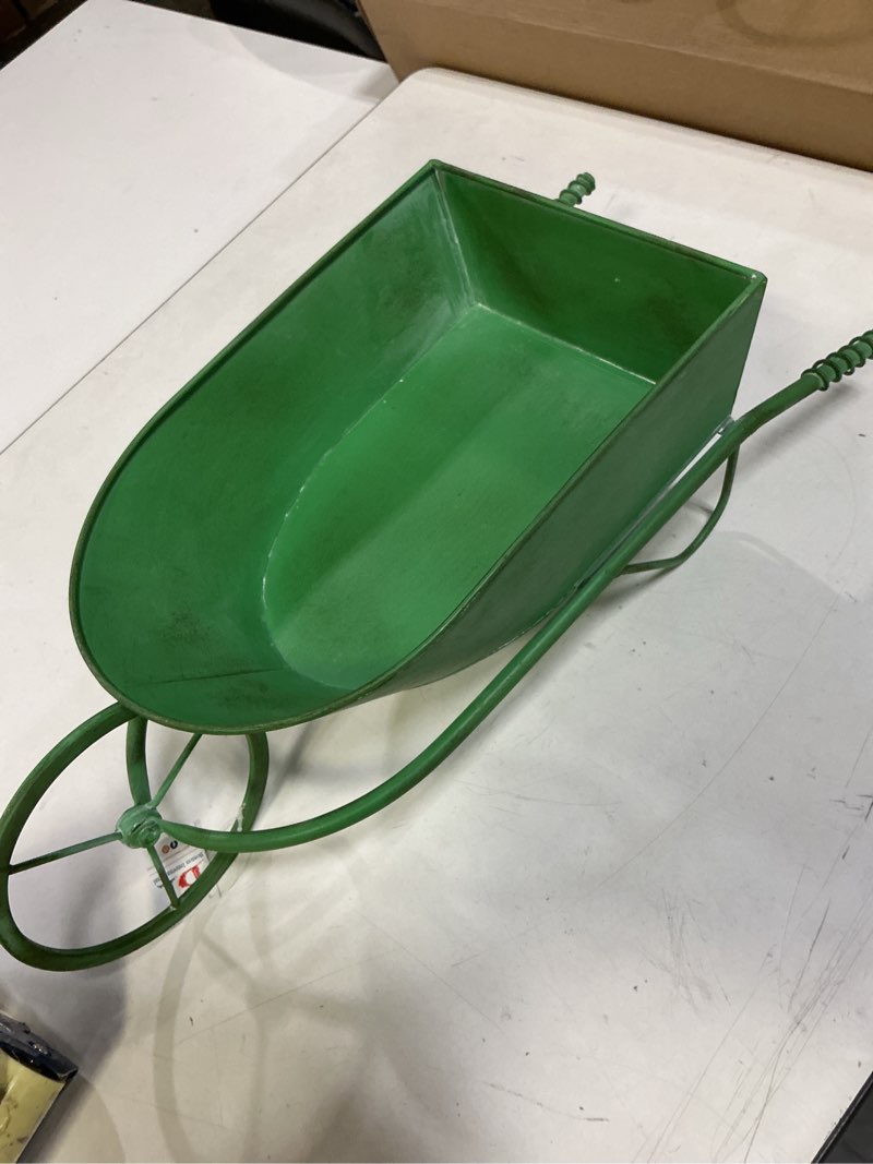 Condition photo showing Good Condition for Boston International Decorative Metal Wheelbarrow Planter with Wheel, 21.5 x 8.5-Inch, Green