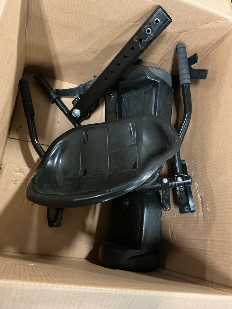 Condition photo showing As Is for gyroor scooter with adjustable seat attachment, 6.5" all-terrain self balancing scooter, led lights & bluetooth for kids and adults, black