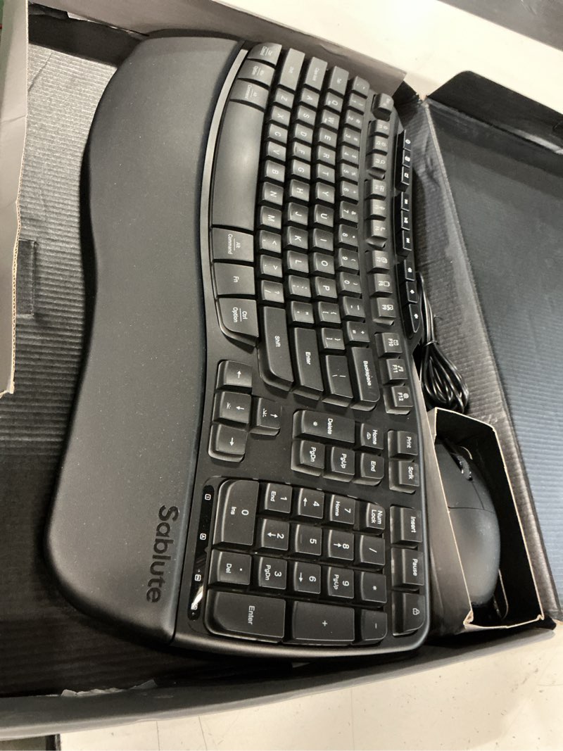 Condition photo showing Good Condition for ergonomic wireless keyboard and mouse combo, rechargeable 4000mah backlit keyboard with a soft, faux lambskin palm rest, wave keys for natural typing, compatible with windows/mac/chromes os—sablute black