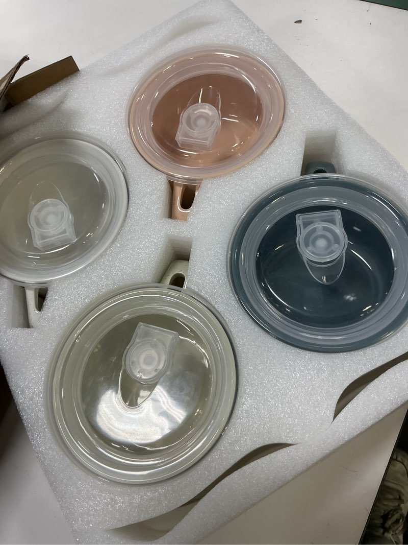 Condition photo showing New/Like New for GBHOME Ceramic Soup Mugs with Handles and Lids,24 OZ Soup Cups Set of 4 with Terracotta Underside,Mug Bowls with Spoon for Soup/Cereal/Salad/Noodles/Ramen/Microware &Dishwasher Safe-Colorful Multicolor-1