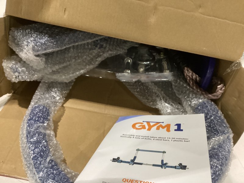 Condition photo showing New/Like New for Gym1 Doorway Swing & Pull-Up Bar Gym - Pull-Up Bar Strength Training & Kids Exercise Equipment - Sensory Swing & Rope Ladder Indoor Playset - Indoor Playground for Kids - 2-Piece, Blue 2 Piece Blue