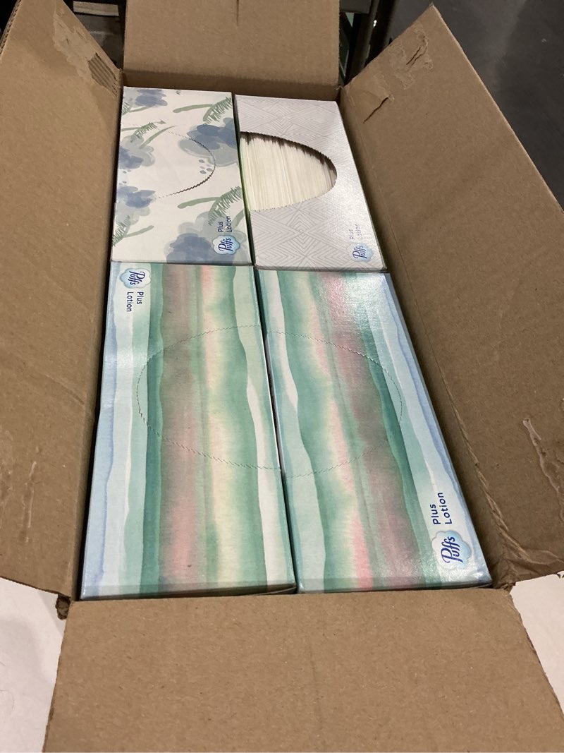 Condition photo showing Good Condition for puffs plus lotion facial tissues, 8 family boxes, 124 facial tissues per box, allergies and colds 124 count (pack of 8)