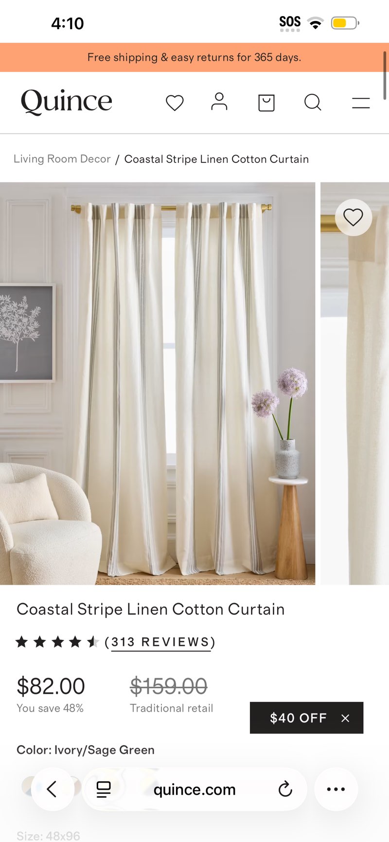 coastal stripe linen cotton curtain, 48 in x 96 in