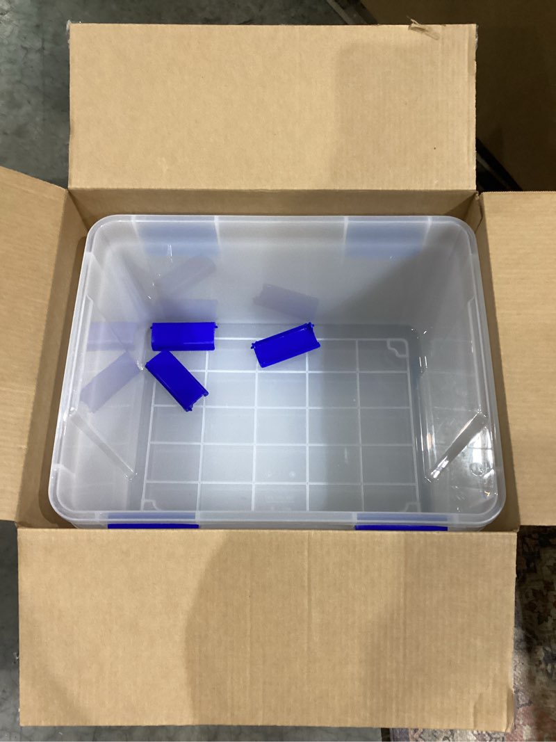Condition photo showing As Is for iris usa weatherpro 44 qt storage bins with lids, 2 pack, bpa-free plastic gasket box with tight latch and seal, stackable nestable tote tub - clear/blue 44 qt. - 2 pack