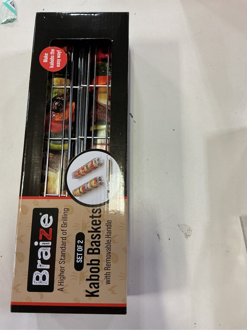 Condition photo showing New/Like New for Large Kabob Grilling Basket with Removable Handle. Stainless Steel construction with a Larger Capacity (12 x 2 x 2) and secure easy-latch lid. (2-Piece Kabob Basket Set)