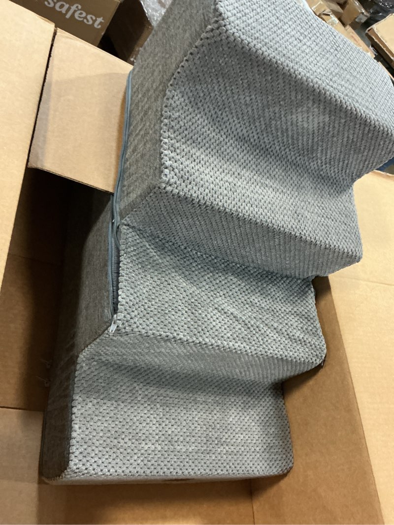 Condition photo showing Good Condition for EHEYCIGA Dog Stairs for Bed 18" H, 4-Step Dog Steps for High Bed, Pet Steps for Small Dogs and Cats, Non-Slip Balanced Pet Ramp Indoor, Grey Grey 4 Standard 15" x 24" x 18"