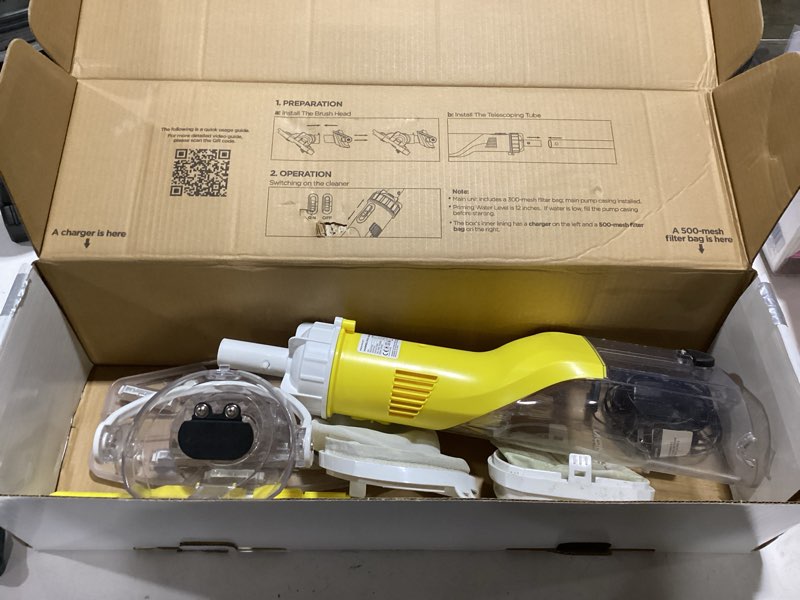 Condition photo showing As Is for inokraft pool vacuum for above ground pool, cordless pool vacuum for inground pools, rechargeable pool cleaner with 18.5 gpm suction, above ground pool vacuum with 59” extendable pole, yellow