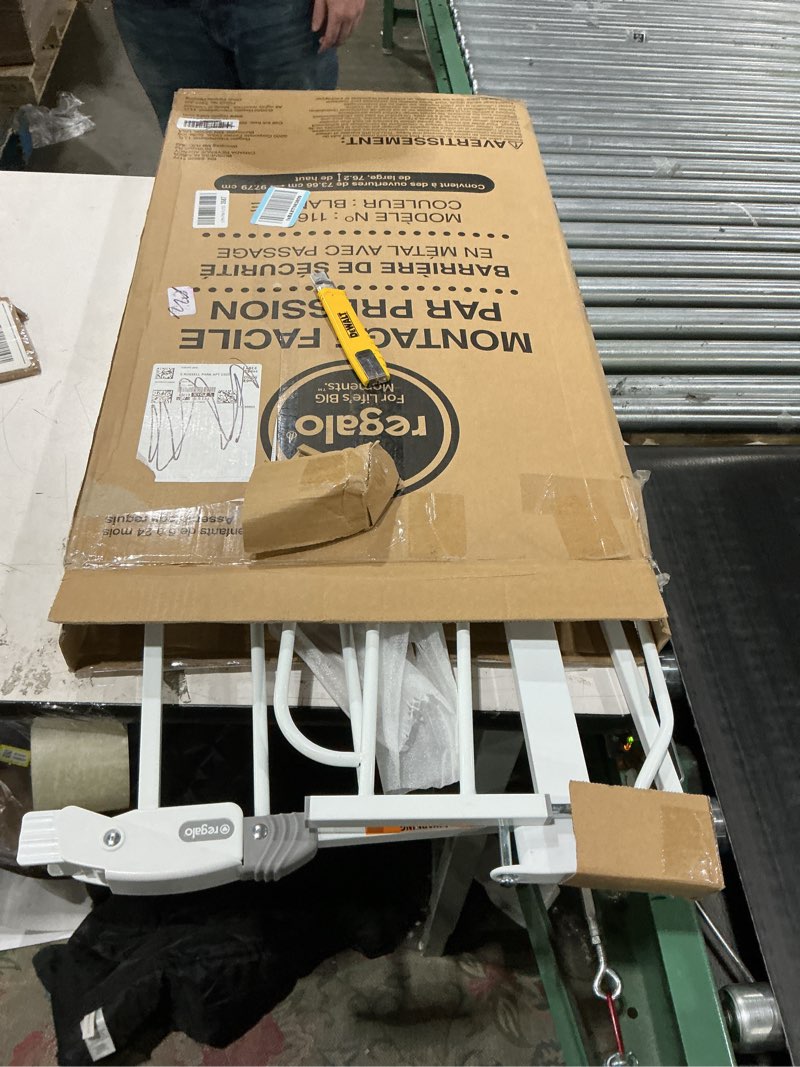 Condition photo showing New/Like New for regalo safety 38" baby gate for doorways & bottom of stairs, pressure mount design for babies, toddlers & pets, tested & safe for 30 years, american designed, american owned, white white 29-38.5"w x 30"h