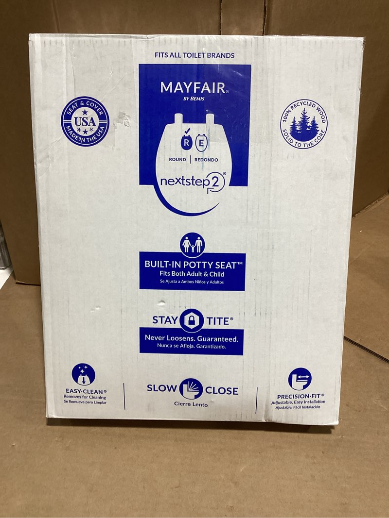 Condition photo showing As Is for Mayfair by Bemis NextStep2 Wood White Round Soft Close Toilet Seat