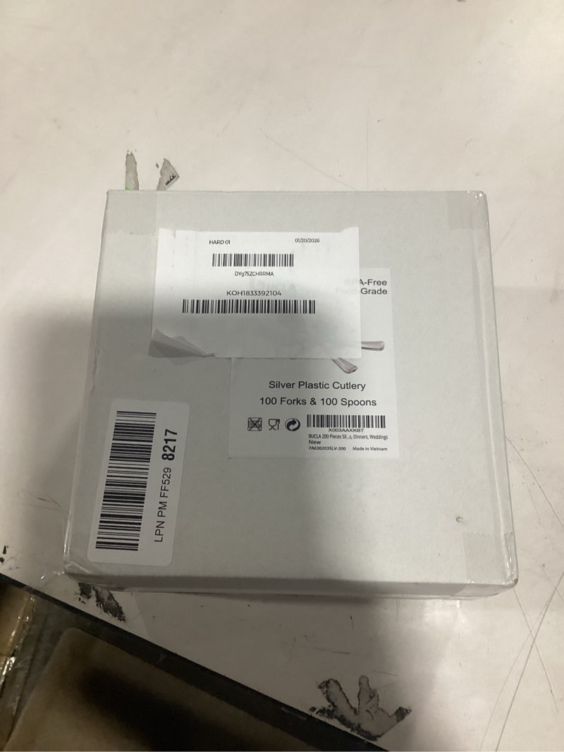 Condition photo showing New/Like New for BUCLA 200 Pieces Silver Plastic Silverware - Heavy Duty Disposable Cutlery set - 100 Silver Plastic Forks, 100 Disposable Spoons for Catering, Parties, Dinners, Weddings and Christmas