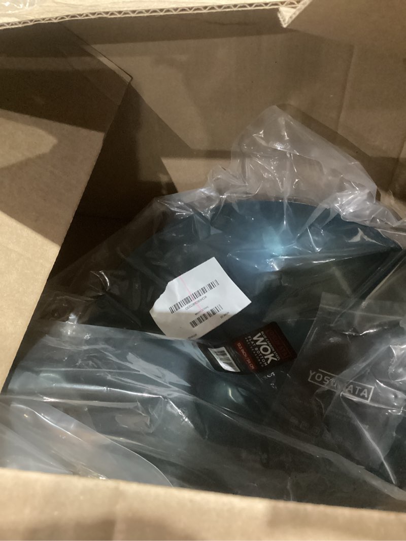 Condition photo showing Good Condition for YOSUKATA 13.5” Blue Carbon Steel Wok Pan – Pre-Seasoned Flat Bottom Wok Compatible with open fire, gas, electric, ceramic, induction cooktops -Traditional Chinese Pan for Stir Fry, BBQ, Grill, Camping