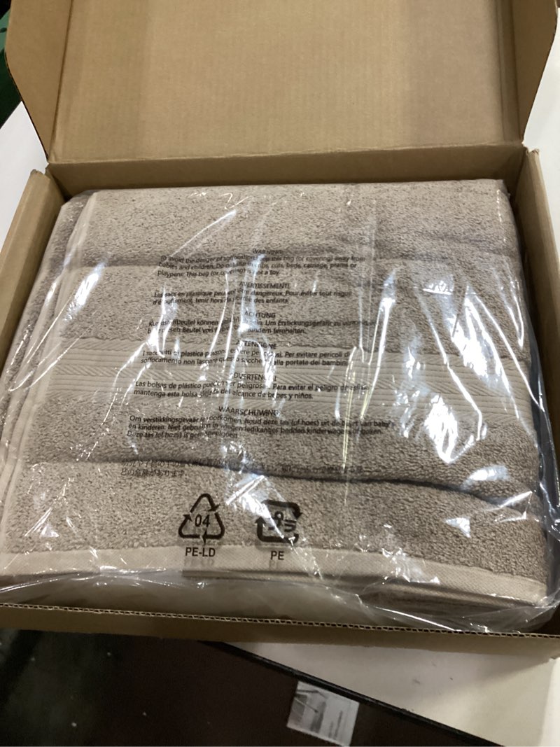 Condition photo showing New/Like New for Amazon Basics Fade Resistant Bath, Hand and Washcloth Towel Set, 100% Cotton, Set of 6, 30 x 54 inches, Taupe Organic 6-Piece Set Taupe