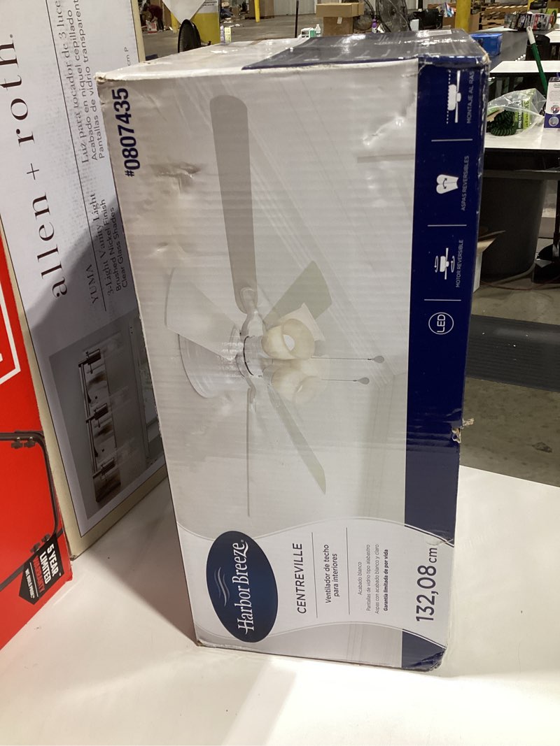 Condition photo showing As Is for harbor breeze centreville 52-in white with white/blonde blades led indoor flush mount ceiling fan with light (5-blade)
