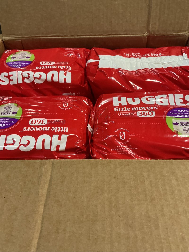 Condition photo showing New/Like New for Huggies Size 4 Baby Diapers, Little Movers HuggFit 360° Baby Diapers with 360° Waistband, Size 4 (22-37 lbs), 144 Count (4 Packs of 36), Packaging May Vary Size 4 144