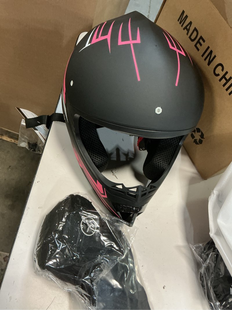 Condition photo showing Good Condition for spark dot approved youth motocross helmet kids dirt bike helmets - full face, lightweight & breathable for off-road e-bike bmx mx atv (with gloves goggles mask) 4pcs set, black pink, small (55-56cm) small black pink
