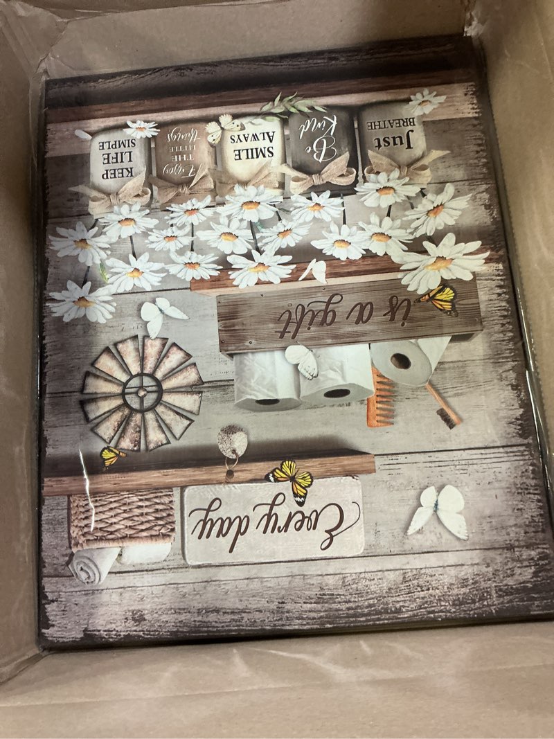 Condition photo showing Good Condition for Farmhouse Bathroom Wall Art Country Bathroom Pictures Wall Decor Rustic Daisy Art Vintage Flower and Butterfly Canvas Print Framed Artwork for Bathrooms Decor 16x20 Inch 20"L x 16"W bathroom brown