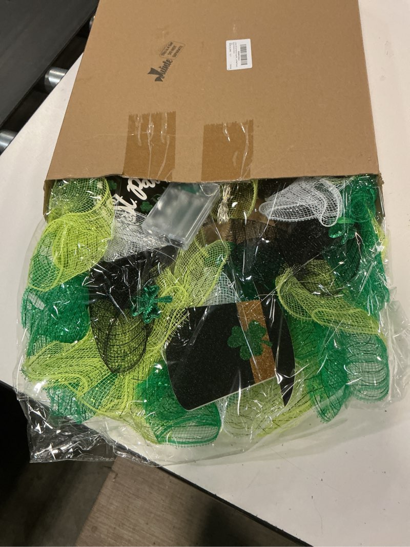 Condition photo showing New/Like New for 18'' st. patrick's day wreath for front door with lights st patricks day mesh wreath artificial clovers leprechaun hat decorations for irish wall porch home outdoor indoor