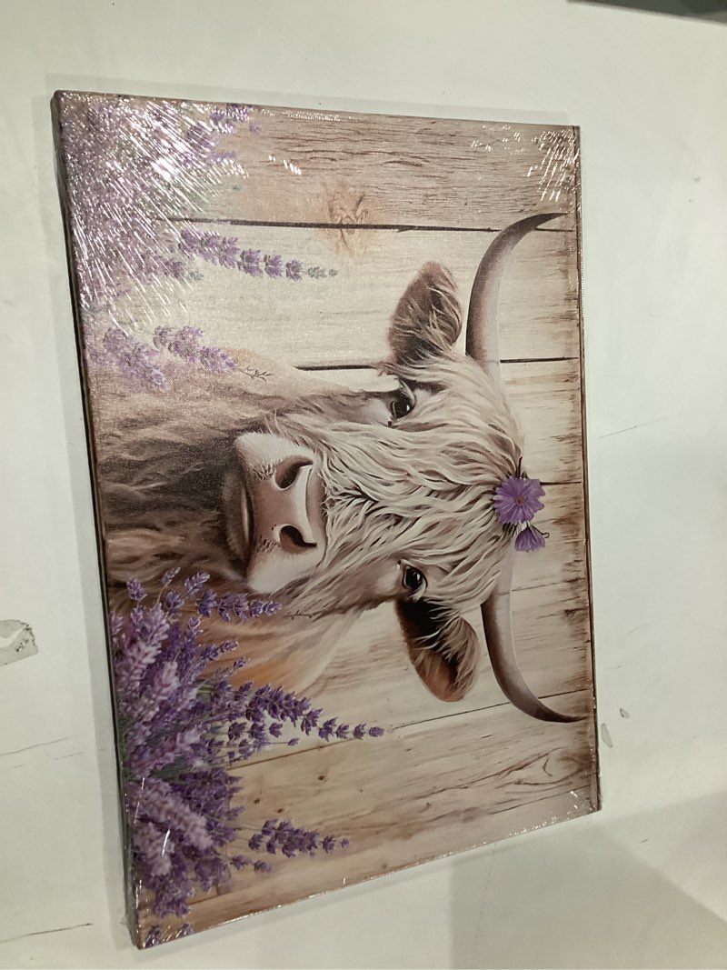 Condition photo showing New/Like New for Highland Cow Canvas Wall Art, Highland Cow and Purple Lavenders on Wooden Background Poster Painting Rustic Farmhouse Animal Picture Print for Bathroom Living Room Decor(Artwork-02, 24"x16") Cow Art 02 24"L x 16"W
