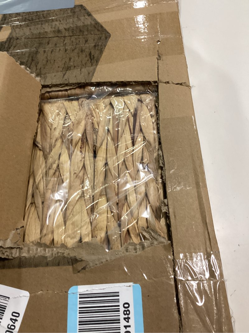 Condition photo showing New/Like New for Casafield 12" x 12" Water Hyacinth Storage Baskets, Natural - Set of 4 Collapsible Cube Organizers, Woven Bins for Bathroom, Bedroom, Laundry, Pantry, Shelves 4-Pack Natural