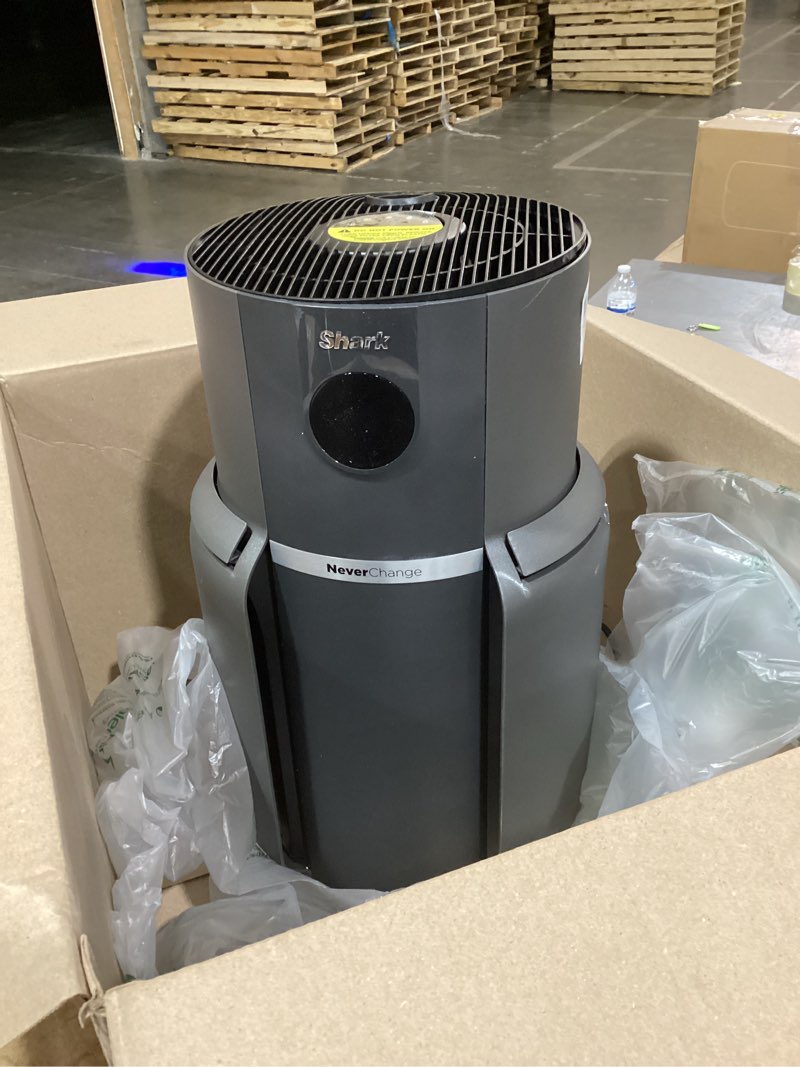 Condition photo showing As Is for shark air purifier for home, neverchange max, 1,300 sq. ft. for large room, kitchen, home office, hepa-exceeding filter, captures pollutants, pet dander, dust, odor, smoke, and more, hp301, grey