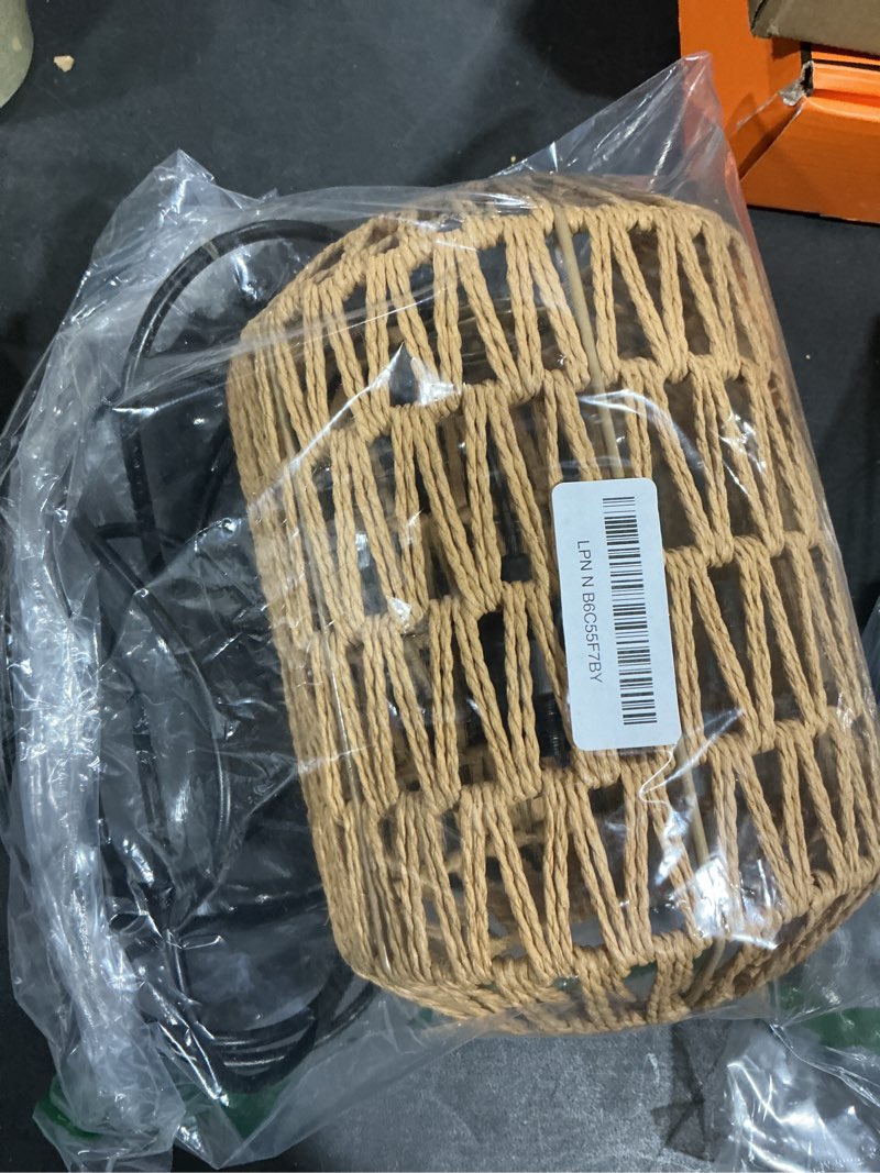 Condition photo showing Good Condition for Plug in Pendant Light, Rattan Hanging Lights with Plug in Cord 15ft Dimmable Cord, Hand Woven Wicker Lampshade Hanging Lamp, Boho Plug in Hanging Ceiling Light Fixture for Farmhouse Bedroom Brown