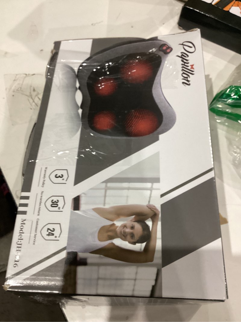 Condition photo showing As Is for Papillon Shiatsu Back Massager with Heat, Deep Tissue Massage Pillow for Neck,Shoulder,Foot & Lower Back Pain Relief,Electric Kneading Massager for Home, Office, Car-Gifts for Mom, Dad, Men, Women Gray