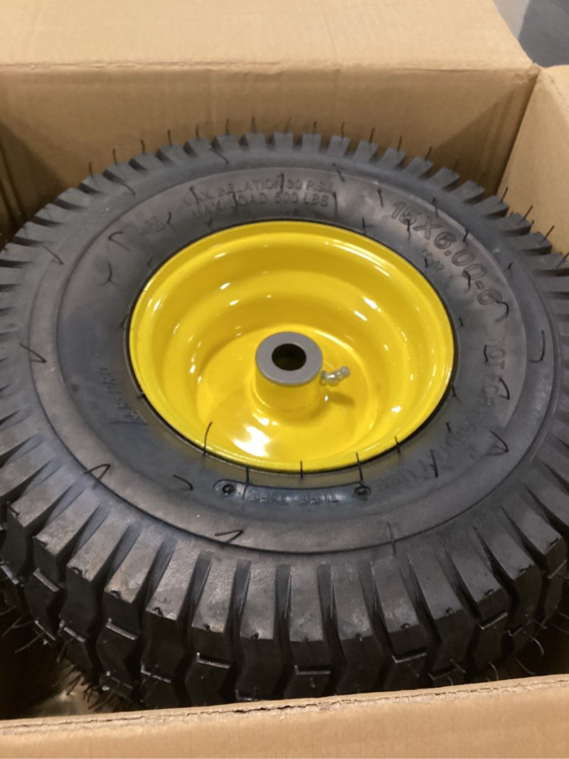 Condition photo showing New/Like New for ar-pro exact replacement 15" x 6.00-6" front tire and wheel assemblies compatible with john deere riding mowers 100 and d100 series - 3" centered hub and 3/4" bushings, 4ply pneumatic (set of 2) 15 x 6.00-6" pneumatic (centered hub) yellow