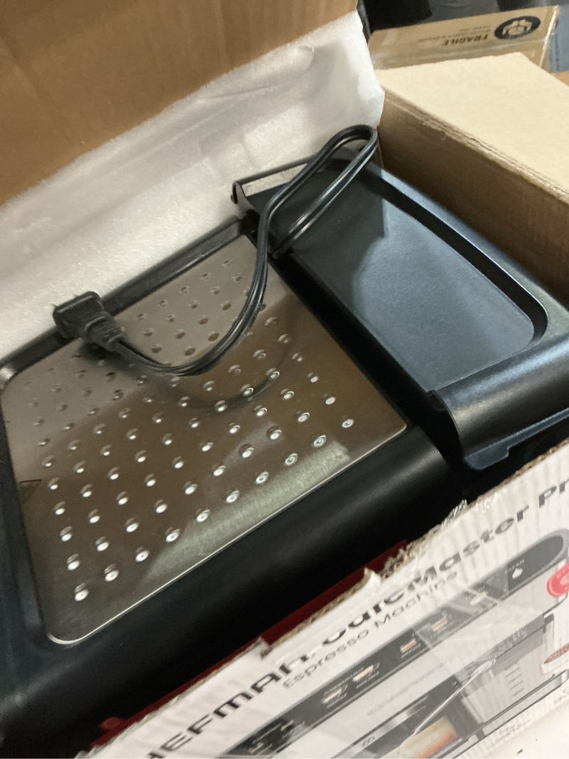 Condition photo showing As Is for chefman cafémaster pro espresso machine, brew single or double shots, coffee maker with built-in milk frother for cappuccino & latte, xl 1.8 liter removable water reservoir - stainless steel