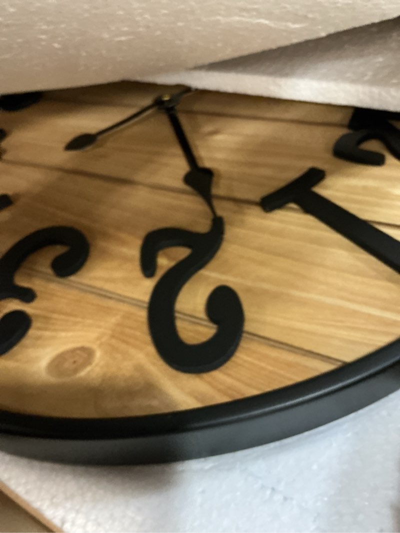 Condition photo showing Good Condition for large wall clock 24in, silent metal wood style wall clocks battery operated for living room decor, farmhouse big wall clock, outdoor wood-arabic 24in
