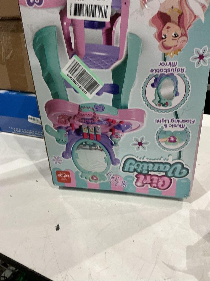 Condition photo showing Good Condition for lehoo castle kids vanity table and chair set with mirror light music, toddler girls makeup table with stool ? hair dryer, pretend play princess dress up vanity set, birthday gifts for 3 year old girl pink