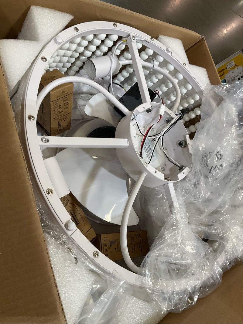 Condition photo showing As Is for ceiling fans with lights and remote - bulbs included | tropical caged fandelier with handcrafted beaded décor | flush mount installation fan lighting fixture | 19 inches | off-white off-white 19.2