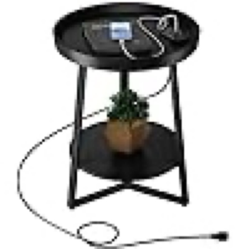 Gadroad Round End Table with Charging Station, USB Ports and Anti-Drop Fence, Wood Tabletop & Black Metal Frame, 2-Tier Side Table for Living Room, Bedroom, Black 15.7 * 15.7 * 23.0 inches