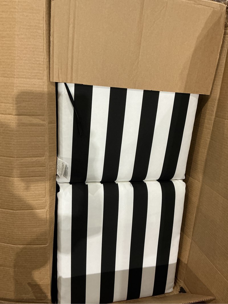 Condition photo showing Good Condition for arden outdoor dining chair cushion, 20 in x 20 in, weather-proof, rain-proof, fade resistant patio cushion for patio, dining, or rocking chairs 20 x 20, black cabana stripe