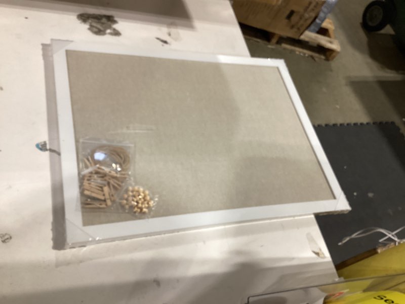 Condition photo showing As Is for owlkela 20'' x 30'' linen bulletin board pack, white framed cork board, perfect for office & home decor, school, cubicle 30x 20