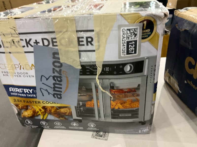 Condition photo showing As Is for BLACK+DECKER Crisp 'N Bake Air Fryer Toaster Oven Combo, 12 in 1 Countertop Convection Oven Cooks Food Fast, Fits a Whole Pizza or 6 Toast Slices, French Doors with Stainless Steel Finish