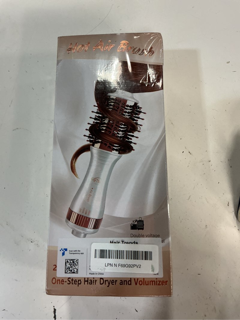 Condition photo showing New/Like New for travel blow dryer brush in one, dual voltage 120v-240v mini hot air brush, hair trends nano titanium 2 inch one step hair dryer and styler volumizer oval shape 50 mm white & rose gold