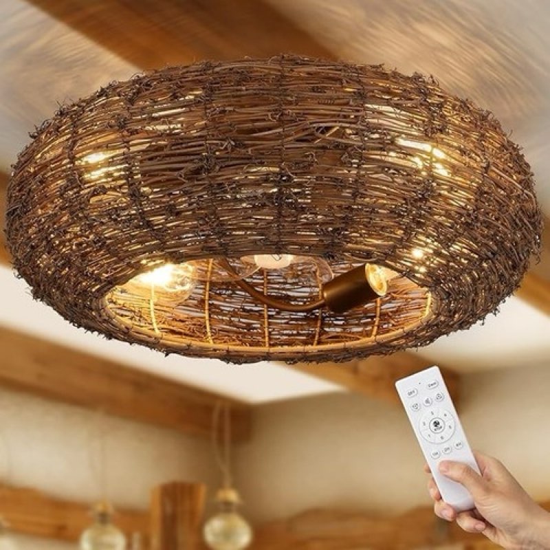 Lumcool 20 Inch Low Profile Boho Rattan Fandelier, Flush Mount Caged Ceiling Fan with Light & Remote