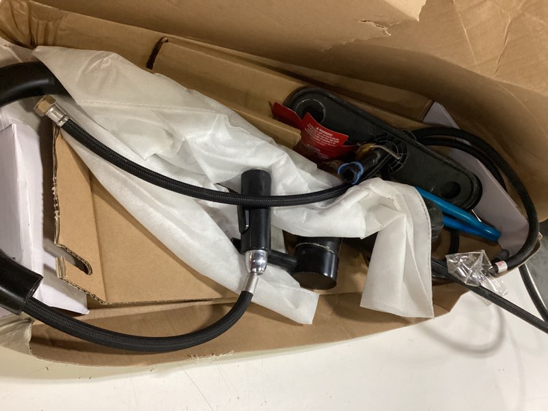 Condition photo showing As Is for allen + roth harlow matte black single handle pull-down kitchen faucet with sprayer (deck plate and soap dispenser included)