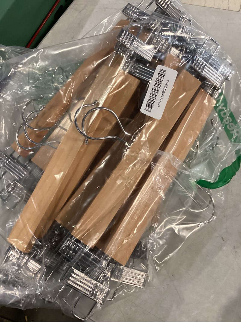 Condition photo showing Good Condition for tosnail 15 pack 14" natural wooden hangers skirt pants clothes hangers with clips and 360° swivel hook, heavy duty jeans hangers - natural