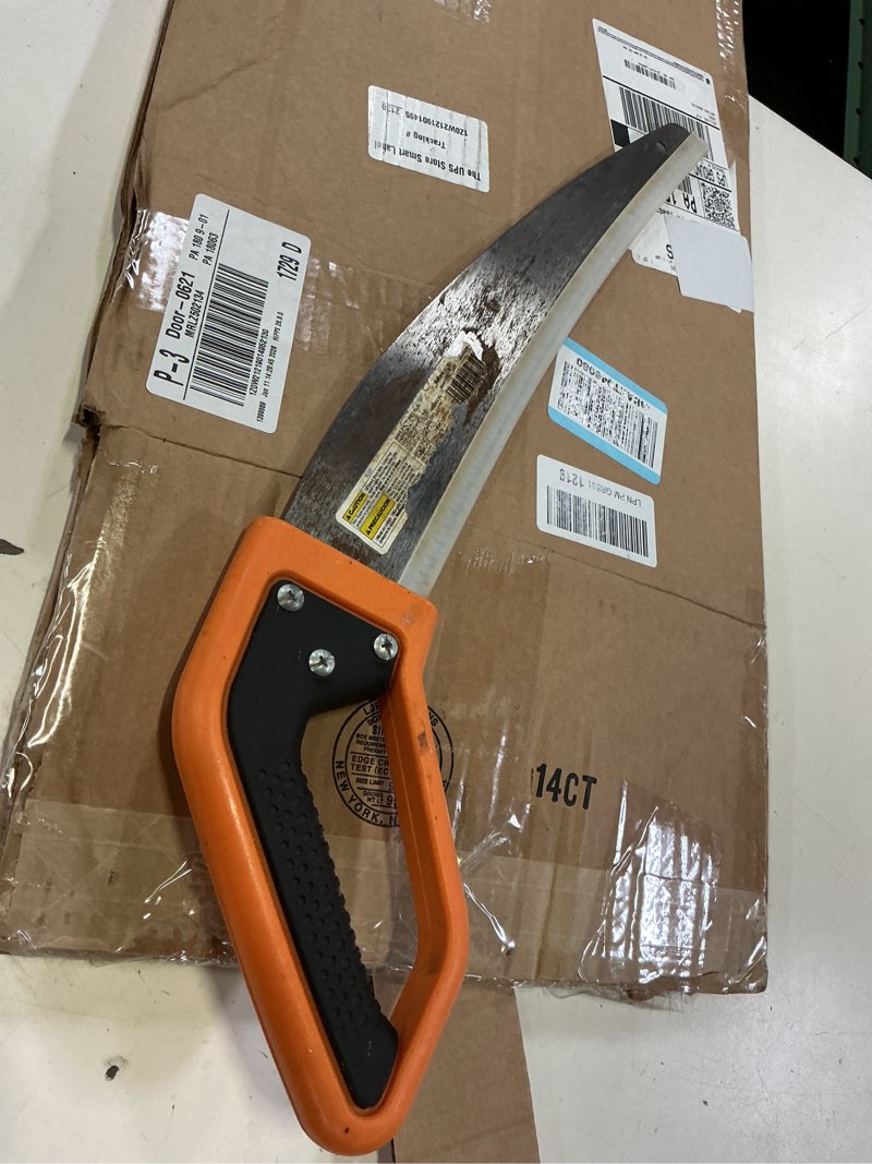 Condition photo showing As Is for fiskars 15” powertooth d-handle saw with razor-sharp stainless steel blade, ergonomic softgrip handle for comfort and control, heavy-duty hand saw