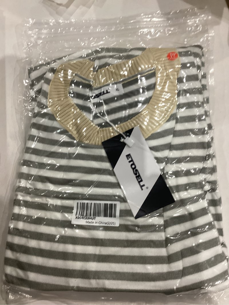 Condition photo showing New/Like New for Womens 2024 Striped Long Sleeve Sweaters Fall Crewneck Color Block Shirts Knited Pullover Tops Side Split Grey White X-Large