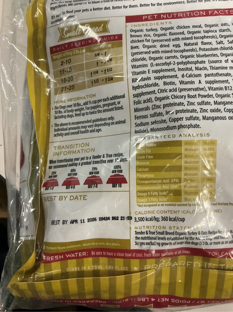 Condition photo showing New/Like New for (Best by APR 11/2026)Small Breed Organic Turkey & Oats