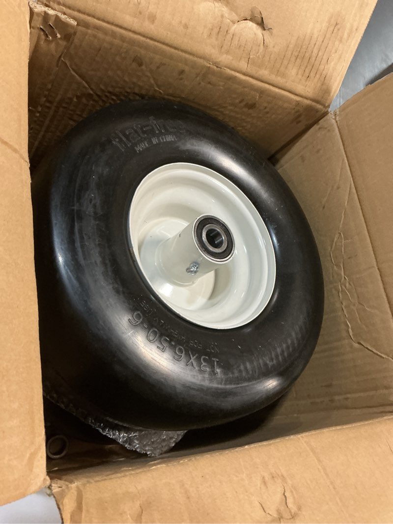 Condition photo showing Good Condition for 13x6.50-6 Flat Free Lawn Mower Tires and Wheels 3/4" 5/8" 1/2" Ball Bearings, 13x6.5x6 Zero Turn Mower Front Tires, Smooth Tires for Commercial Grade Lawn 5.5"-7.5" Adjustable Centered Hub 13x6.50-6 - 2P ( Flat Free ) White