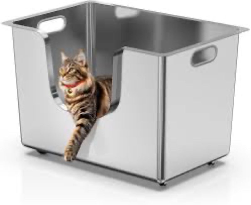 Stainless Steel Cat Litter Box with 13.8" High Sides, XL Metal Litter Box for Large & Multi Cats, On