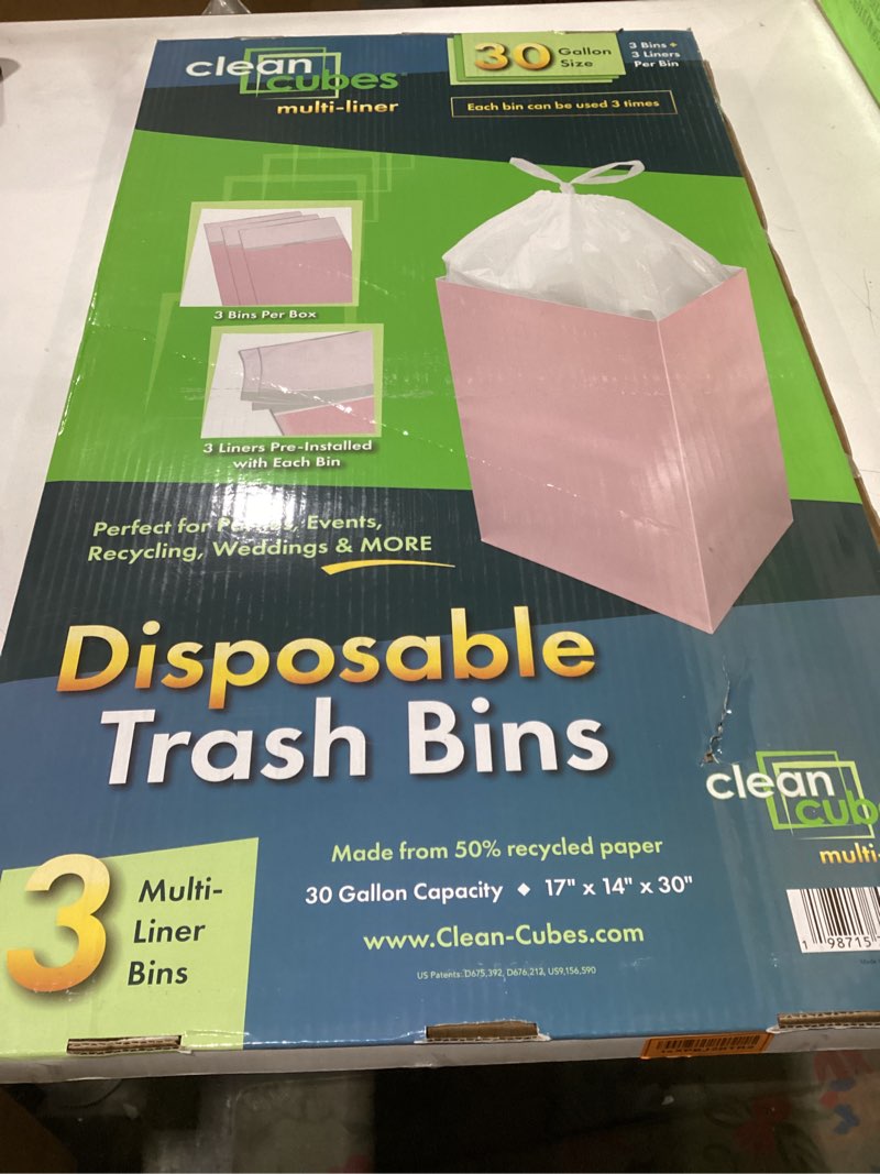 Condition photo showing New/Like New for Similar to stock photo 30 Gallon Disposable Pop-Up Trash Cans (3-Pack, Multi-Liner) with Fitted Bags – Foldable Garbage & Recycling Bins for Parties, Events & Kitchen (Pink 30\" H x 14\" W x 17\" D)