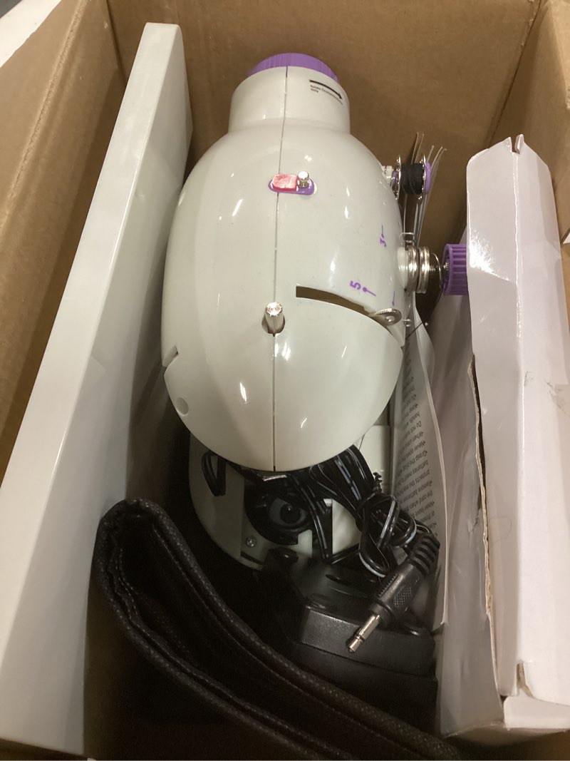 Condition photo showing As Is for Magicfly Mini Sewing Machine with Extension Table, Dual Speed Portable Sewing Machine for Beginners with Light, Sewing Kit for Household Use, White