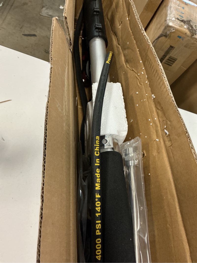 Condition photo showing As Is for janz aluminum 24 ft telescoping pressure washer wand with pressure washer extension wand,gutter cleaner attachment, 5 spray nozzle tips, 2 hose inlet adapters and support harness