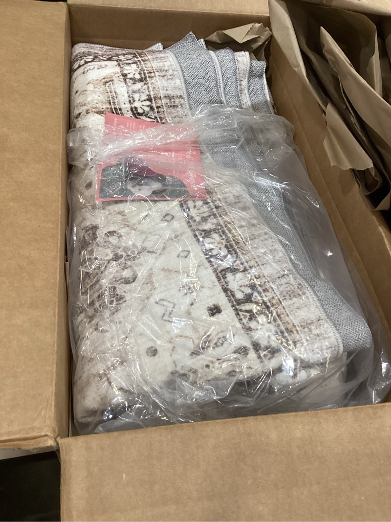 Condition photo showing As Is for 7x7 area rug washable living room rugs: 7ft square ultra thin soft oriental area rugs non-slip backing farmhouse rug low pile thin stain resistant indoor carpets, 7' x 7' beige beige 7' x 7' (square)