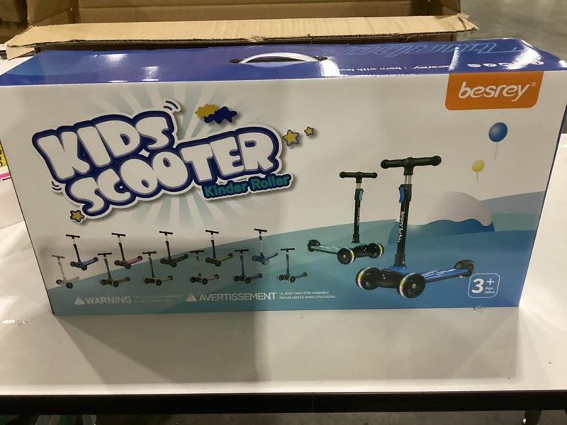 Condition photo showing New/Like New for besrey kick scooter for kids ages 3-10, 3-wheel folding scooter with adjustable height, led light wheels, extra wide deck for outdoor activities blue